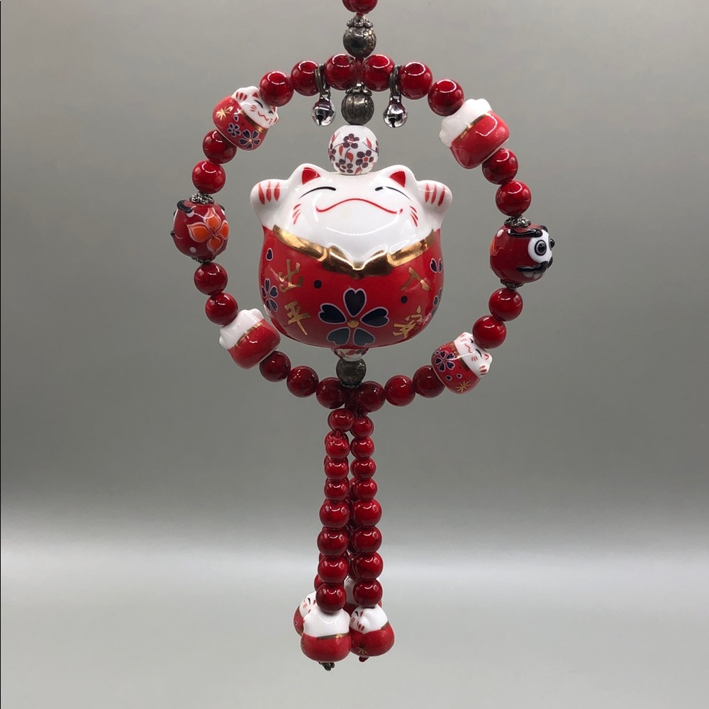 Vintage 90's Maneki Neko Ceramic Hanging Amulet Charm Hanger Hang Up Japan